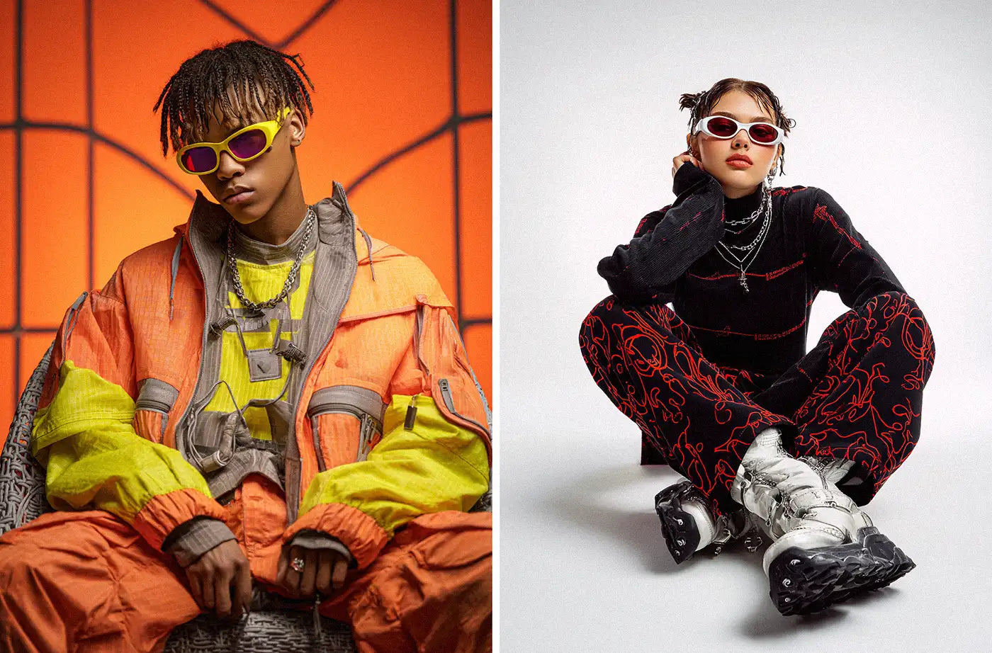 A compelling Y2K aesthetic featuring a person in a futuristic orange and yellow outfit with sleek sunglasses, alongside another in a dark and red patterned Y2K fashion look with standout white boots.