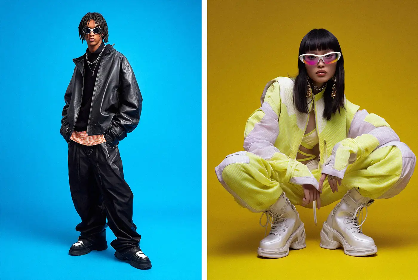 This pair of images showcases different facets of the Y2K aesthetic: a person in a black leather jacket and relaxed-fit pants on a blue background, and another in a bright yellow windbreaker suit and chunky white boots, capturing the vibrant essence of Y2K fashion.