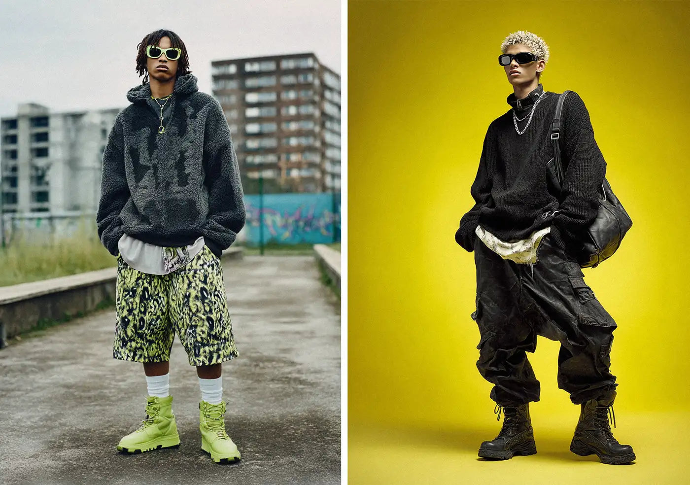 This set shows the diversity of Y2K fashion; on the left, a person wears a fluffy grey hoodie and bright green shorts with matching combat boots, while on the right, a dark, minimalist Y2K aesthetic features oversized layers and heavy boots.