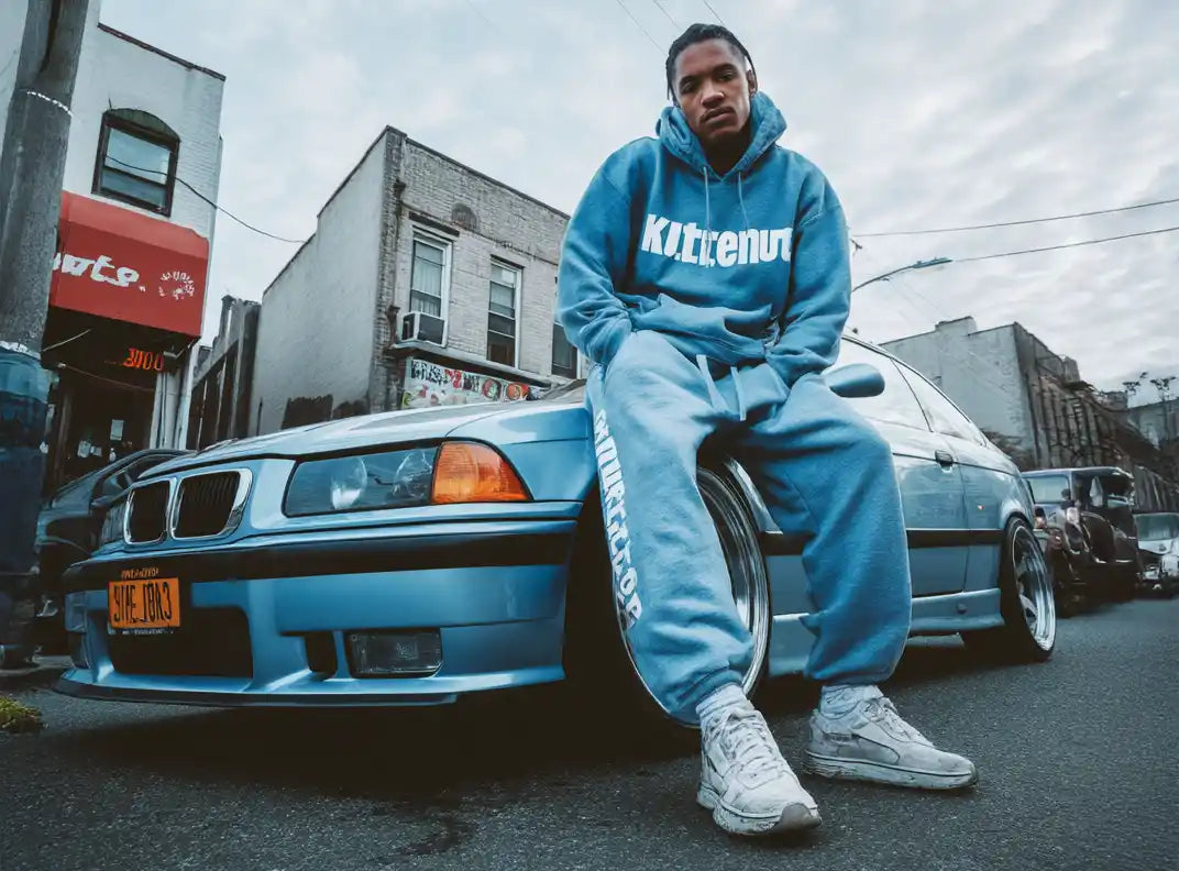men in y2k style in front of a BMW car