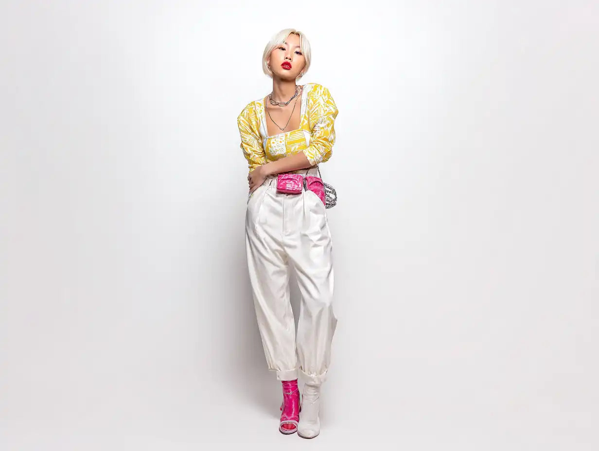 a blonde asian girl in y2k outfit