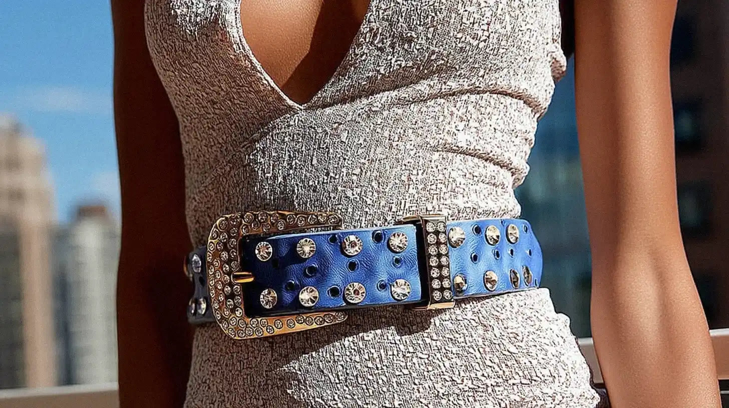 A woman in a light-colored top wears a prominent blue rhinestone belt.