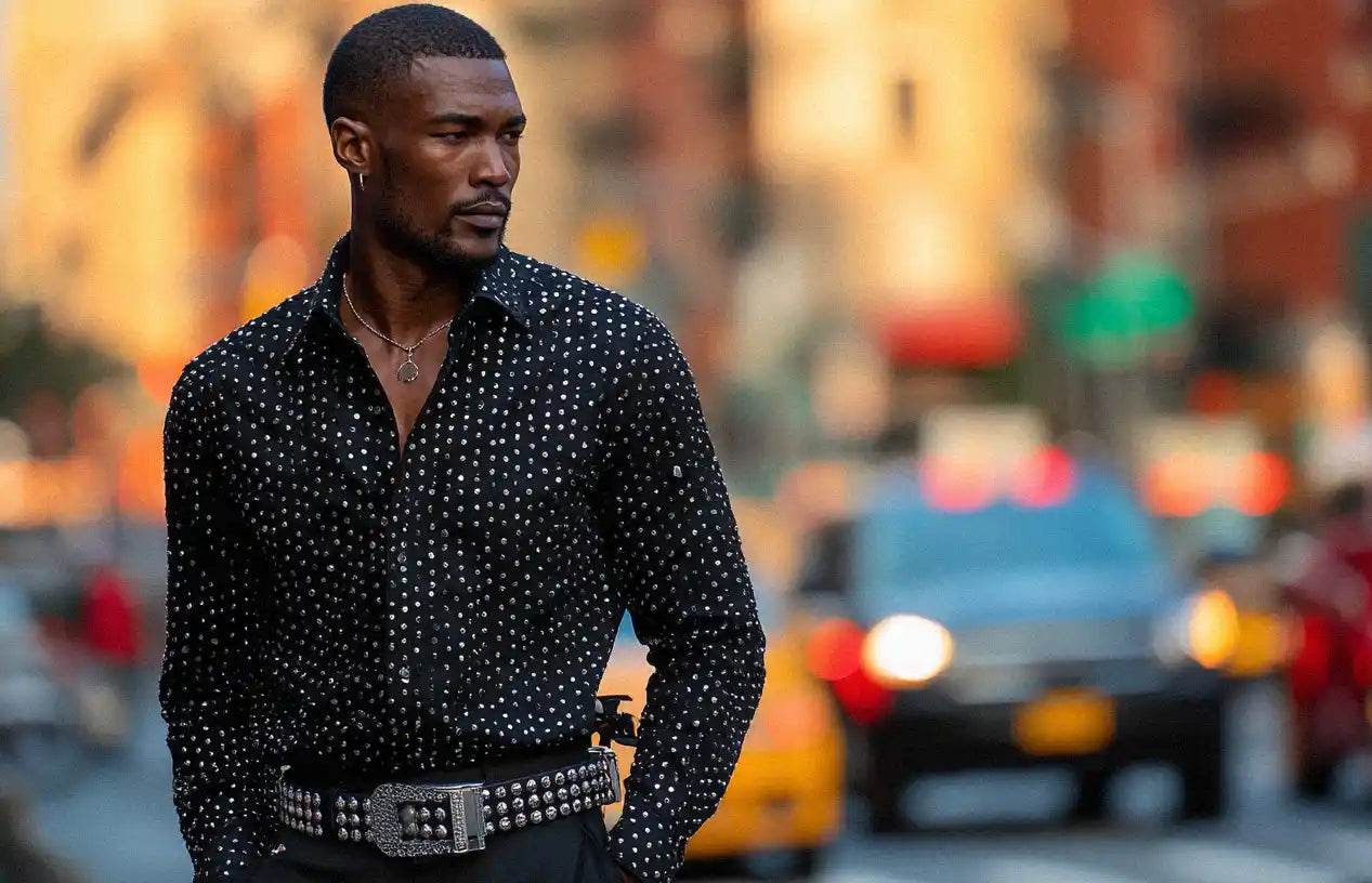 A man in a black polka dot shirt and black pants sports a black rhinestone belt.