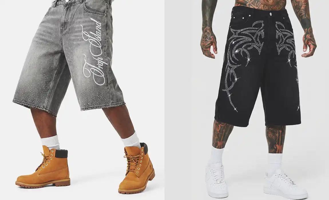 A split image showcasing grey graphic Rhinestone Jorts on the left and black tribal-patterned Rhinestone Jorts on the right.