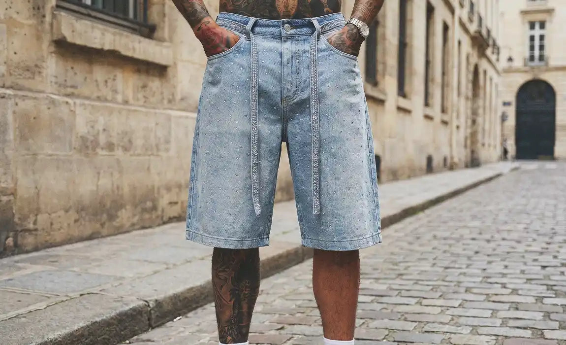 Close-up of light blue denim Rhinestone Jorts featuring a studded texture and long dangling jeweled straps.