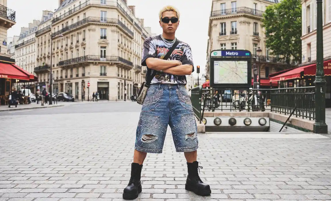 a man in paris wearing rhinestone jorts