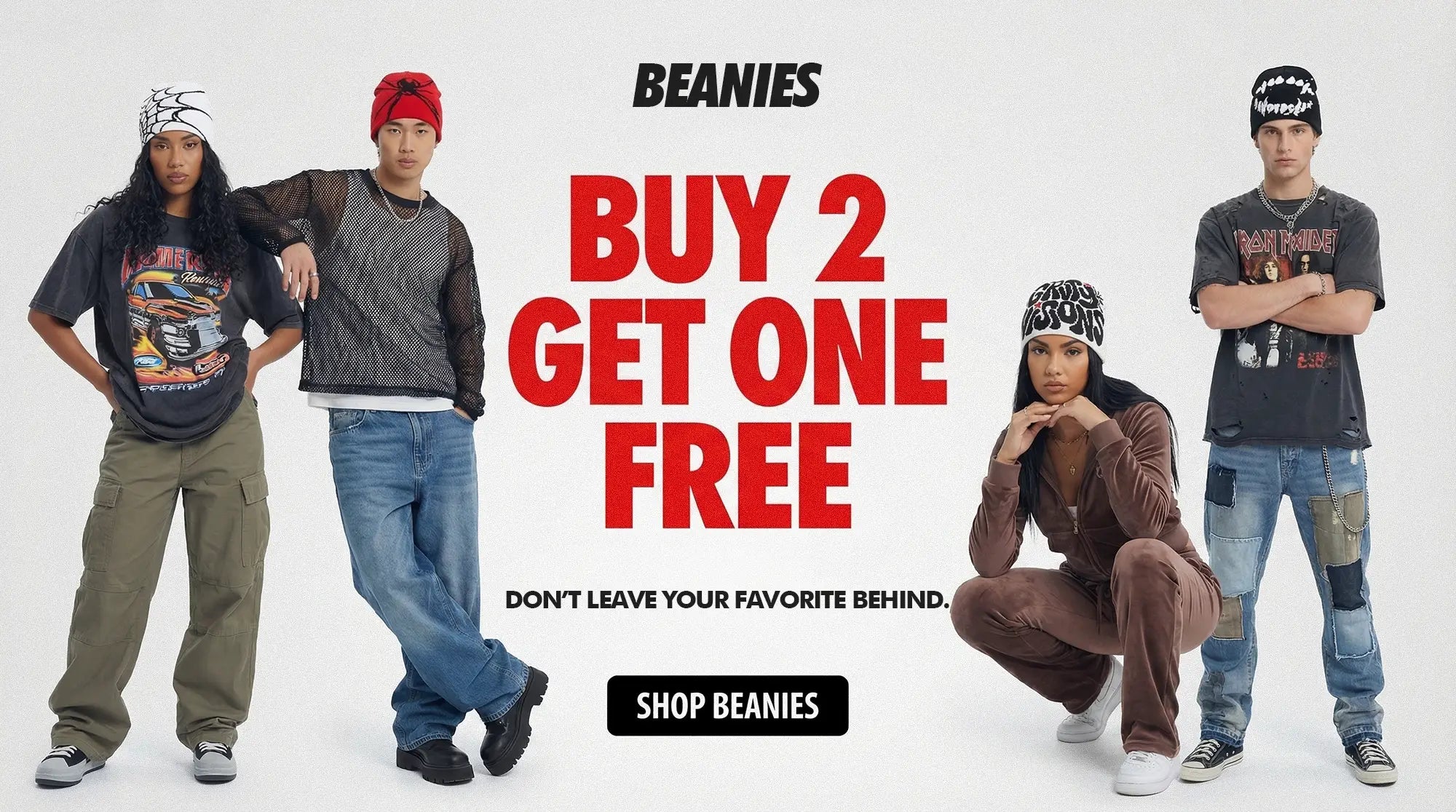 A diverse group of four young adults wearing Y2K streetwear outfits and beanies against a white background, promoting a buy 2 get 1 free deal on Y2K beanies with mix and match options.
