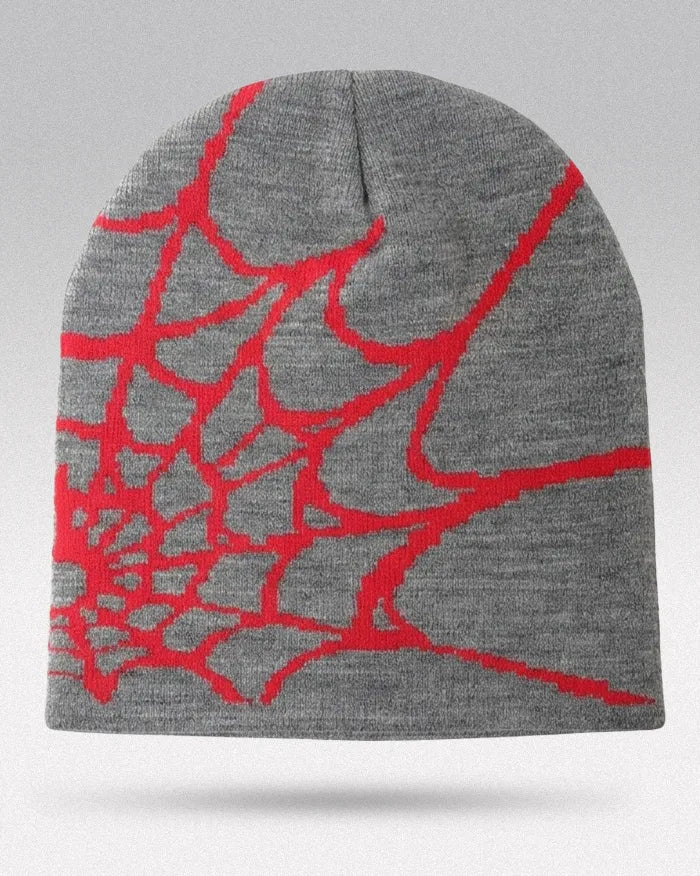 Spider Web Beanie ’Pyro’ - Grey / Red