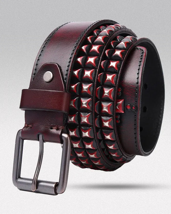 Studded leather belt ’Circuit’ - red / 105 cm / 41 inches