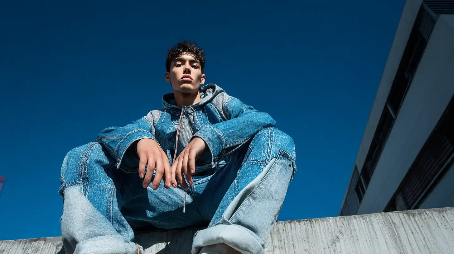 Man in layered y2k denim hoodie and jeans posing under blue sky
