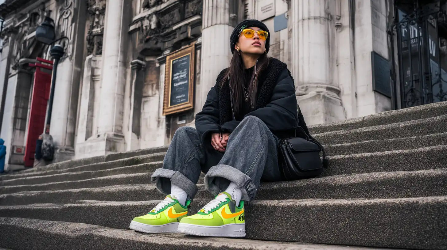 Woman in baggy Y2K jeans and neon sneakers sitting on stairs, blending retro and modern streetwear.