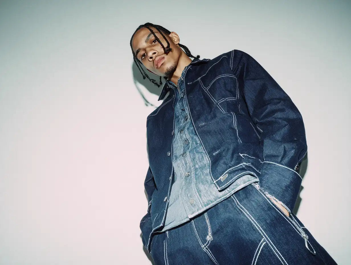 Low-angle shot of a man in structured dark denim with contrast seams, channeling futuristic Y2K style.