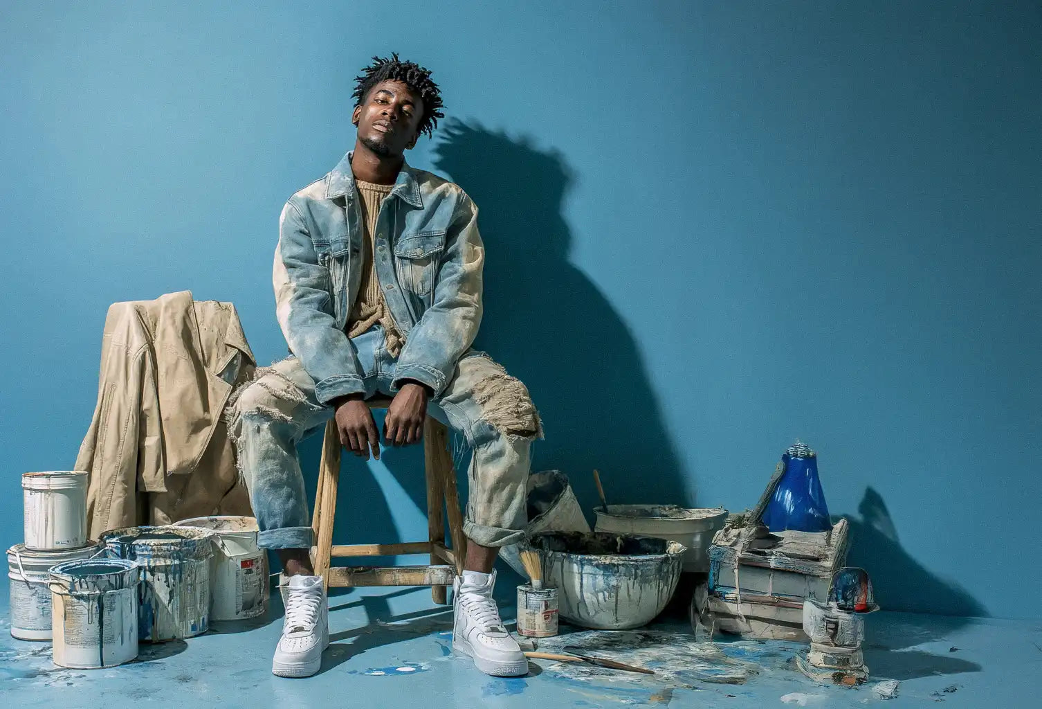 Artistically styled man in worn, painted denim representing grungy Y2K clothes aesthetic.