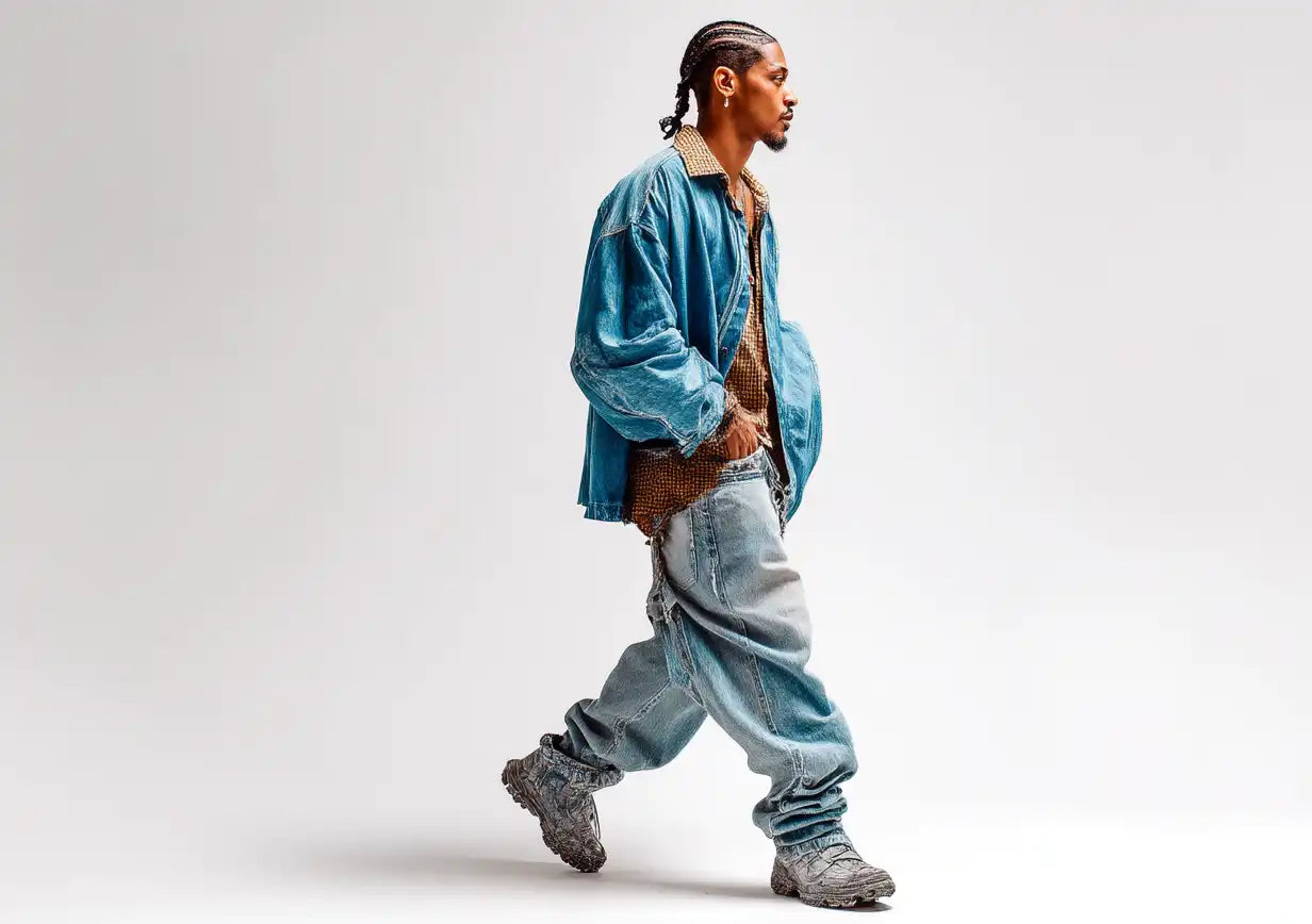 Stylish man in layered baggy denim walking mid-stride, reflecting relaxed Y2K fashion.
