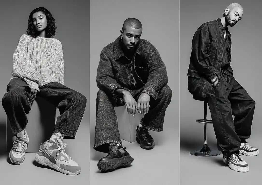 Three models showcasing oversized silhouettes and chunky sneakers in classic Y2K clothes.