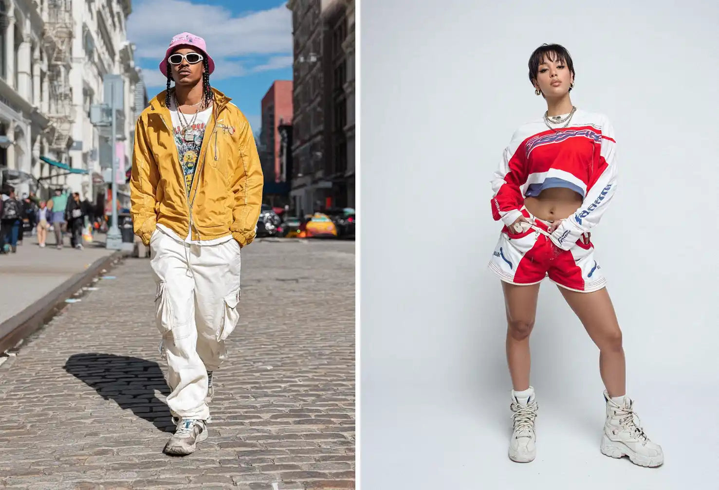 Left: A man walks on a city street wearing a pink bucket hat, yellow jacket, and white baggy cargo pants, a distinct y2k outfit. Right: A woman poses in a red, white, and blue cropped top and matching shorts with chunky sneakers, a dynamic y2k outfit.