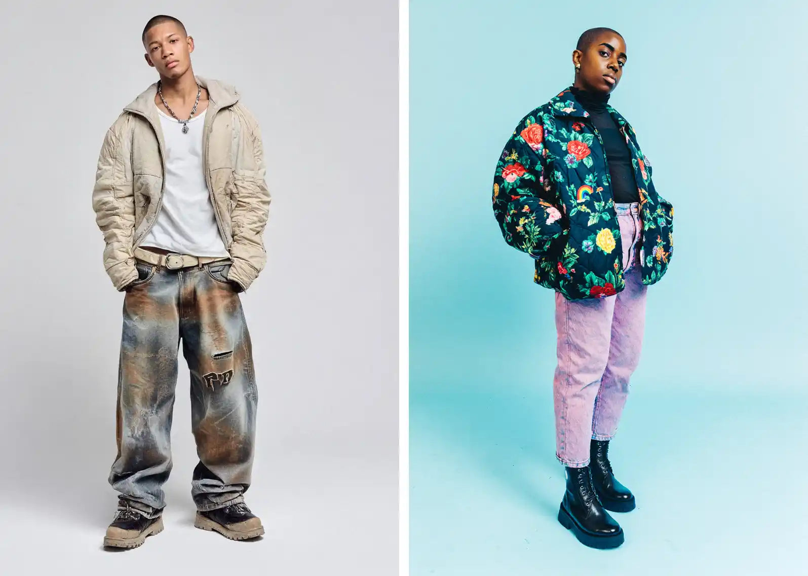 Left: A man poses in a cream puffer jacket, white t-shirt, and distressed, baggy jeans, a relaxed y2k outfit. Right: A person with a buzz cut wears a floral puffer jacket, black turtleneck, and pink jeans with combat boots, creating a vibrant y2k outfit.