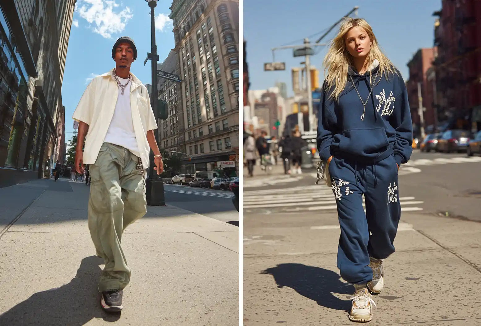 Left: A man walks on a city street in a white oversized shirt, white t-shirt, and baggy green cargo pants, a comfortable y2k outfit. Right: A woman walks on a city street wearing a navy oversized hoodie and matching sweatpants with white graphics, a sporty y2k outfit.