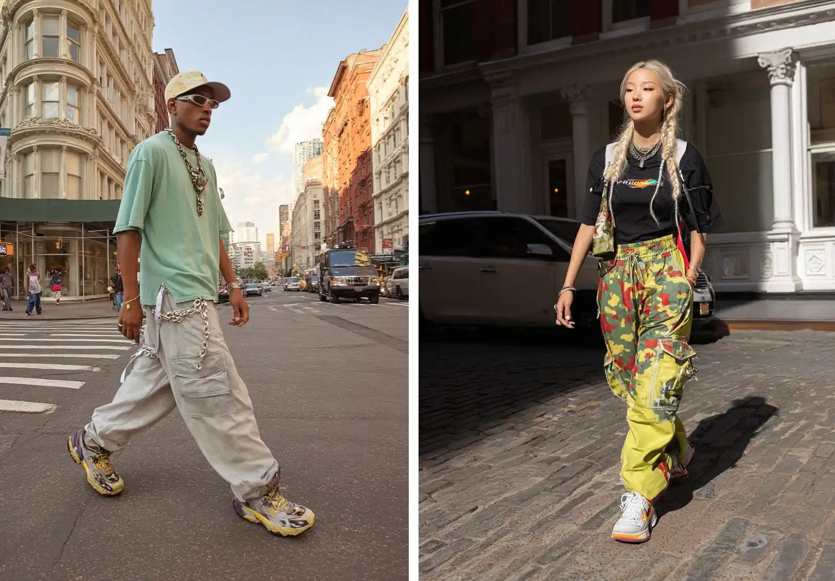 Left: A man walks on a city street wearing a mint green t-shirt, grey baggy cargo pants with chains, and sunglasses, a relaxed y2k outfit. Right: A woman with blonde braids walks on a city street in a black graphic t-shirt and colorful camouflage cargo pants, presenting an edgy y2k outfit.