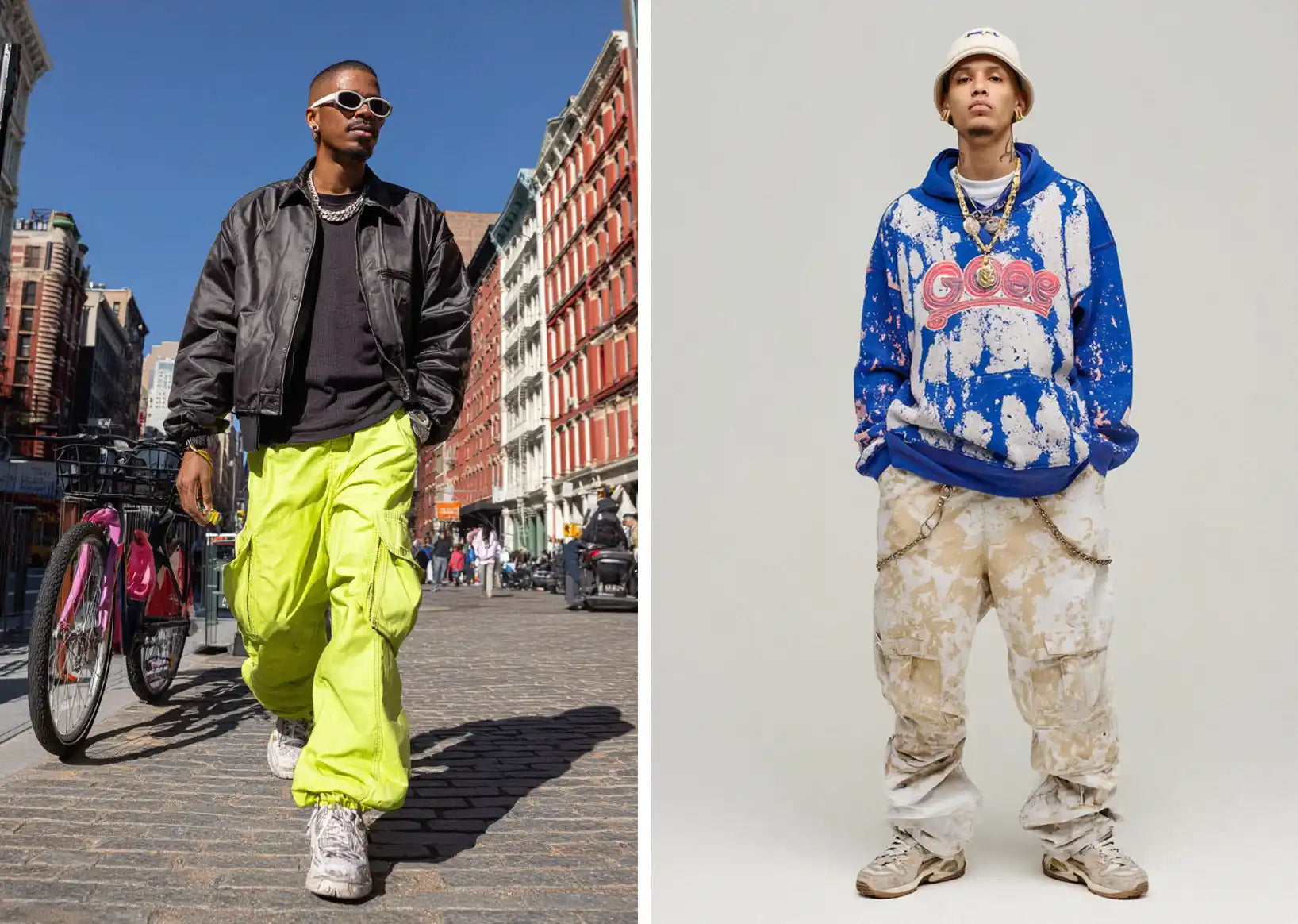 Left: A man walks on a city street in a black bomber jacket, black t-shirt, and bright neon green cargo pants, creating a vibrant y2k outfit. Right: A man in a bucket hat, oversized blue and white graphic hoodie, and camouflage cargo pants, portraying a bold streetwear y2k outfit.