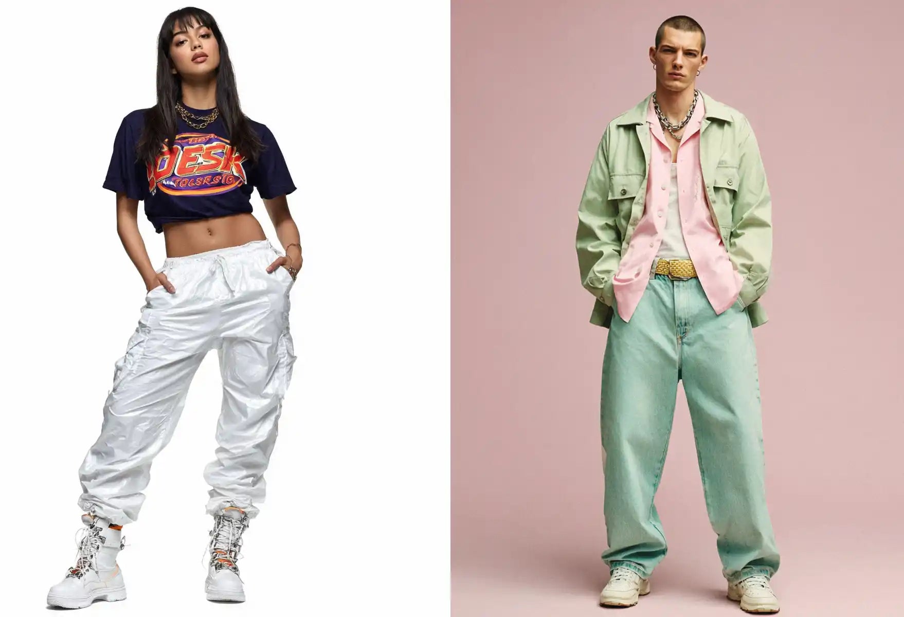 Left: A woman poses in a cropped graphic t-shirt, shiny white cargo pants, and platform sneakers, a classic y2k outfit. Right: A man in a pink shirt, light green jacket, and baggy light blue jeans, demonstrating a pastel-toned y2k outfit.