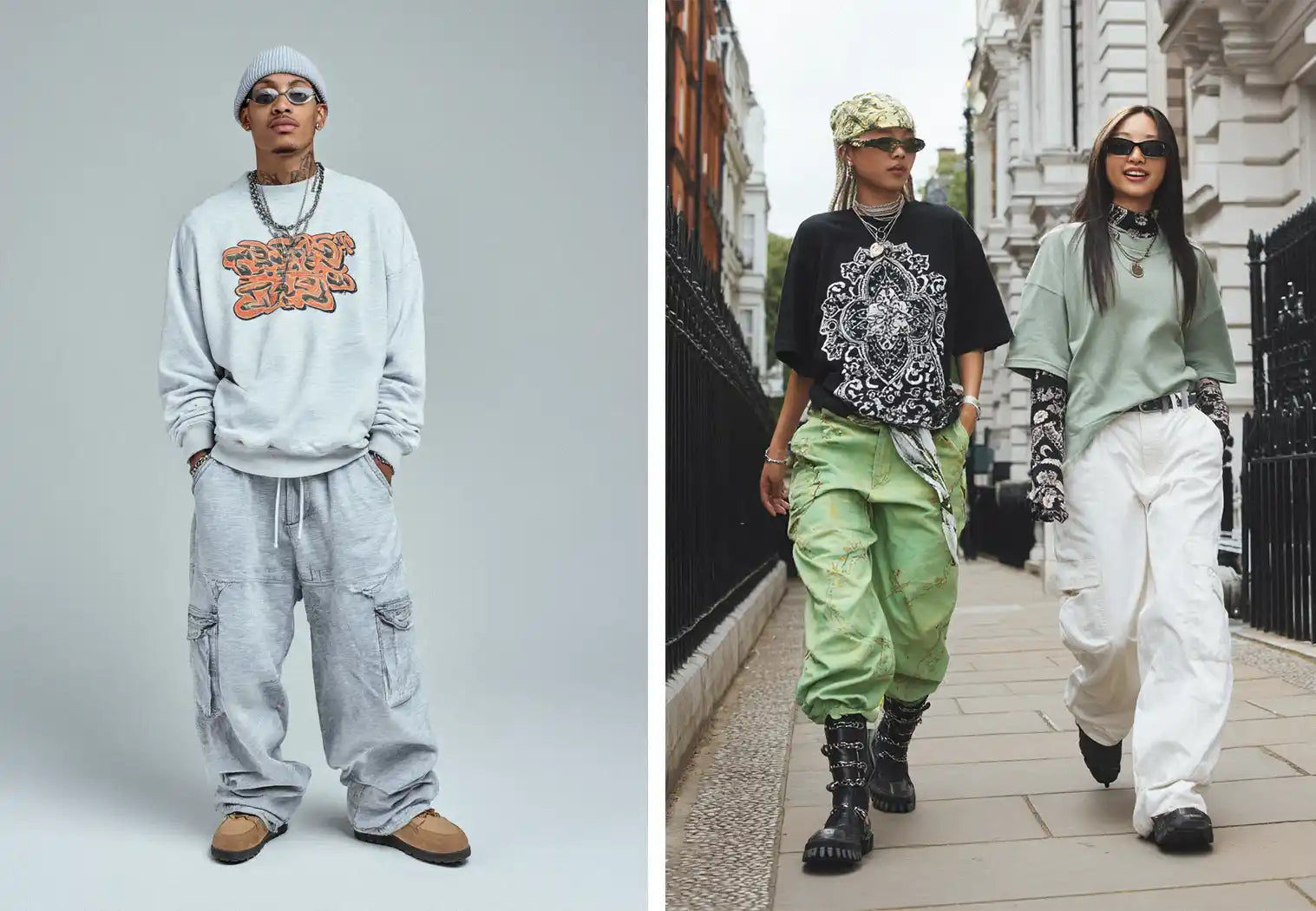 Left: A man in a grey beanie, sunglasses, and a baggy grey sweatshirt with matching cargo pants, showcasing a monochrome y2k outfit. Right: Two people walk on a city street; one wears a black graphic tee, green cargo pants, and boots, the other a light green tee and white cargo pants, both styled as a y2k outfit.