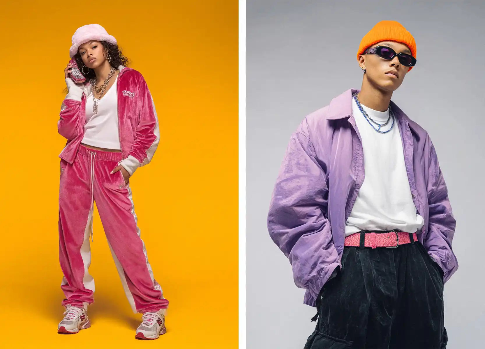Left: A woman in a pink velour tracksuit with a matching fuzzy bucket hat, showcasing a playful y2k outfit. Right: A man in an orange beanie, purple jacket, white t-shirt, and dark cargo pants with a pink belt, sporting a colorful y2k outfit.
