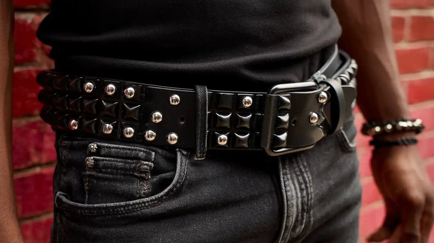 Black studded y2k belt with engraved buckle, styled with dark denim jeans.