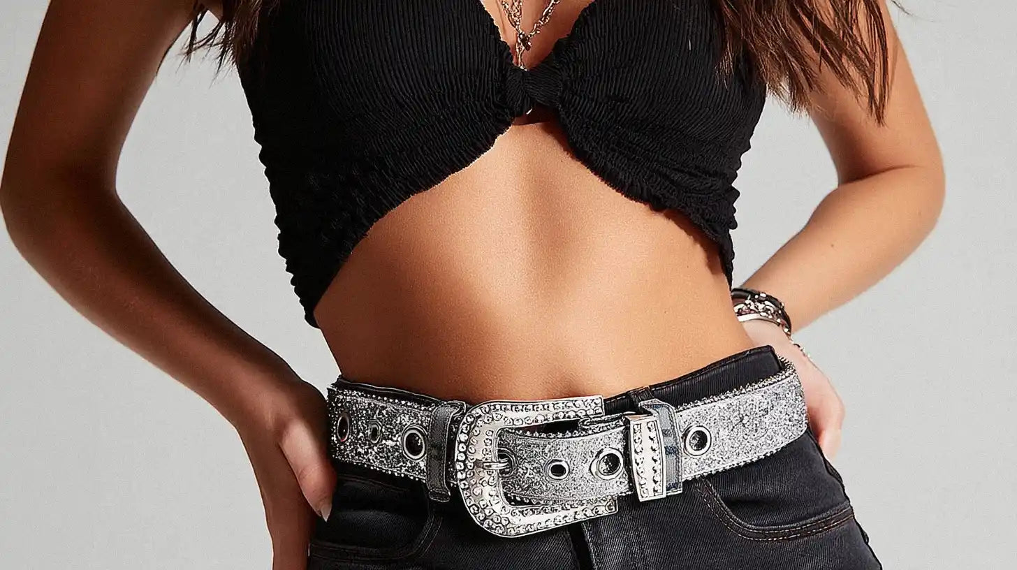 Sparkly silver y2k belt with oversized rhinestone buckle, worn with black jeans and a crop top