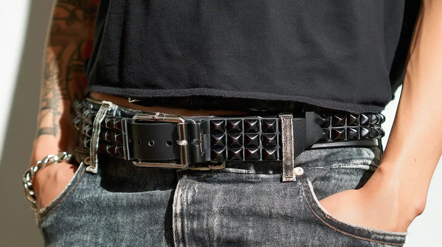 black rhinestone y2k belt with silver western buckle, paired with black streetwear outfit.