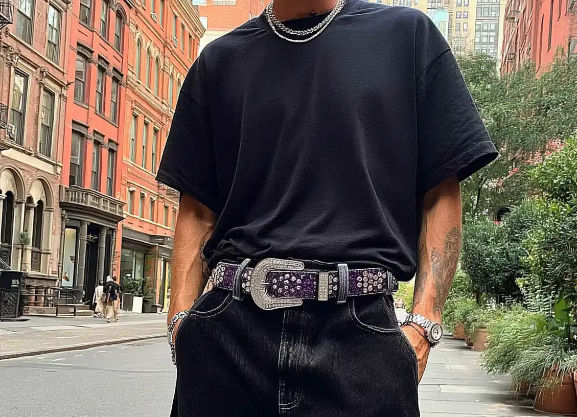 Black pyramid studded y2k belt with silver buckle, styled with distressed jeans.