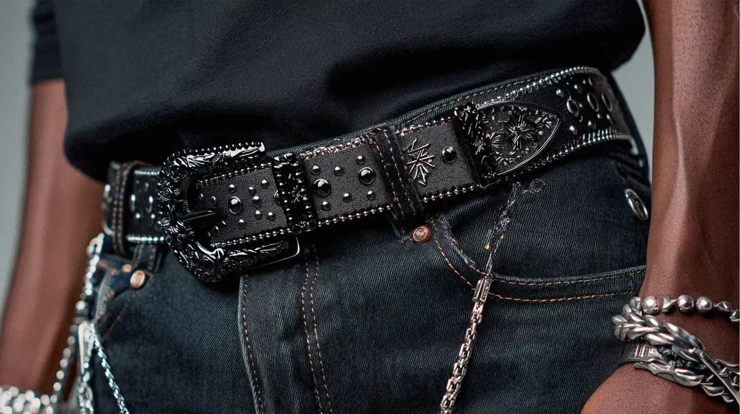 Bold black y2k belt with spiked studs and wide buckle, styled with faded black denim.