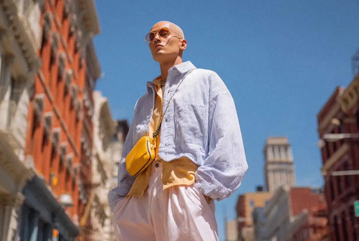 man in y2k outfit with pastel colors