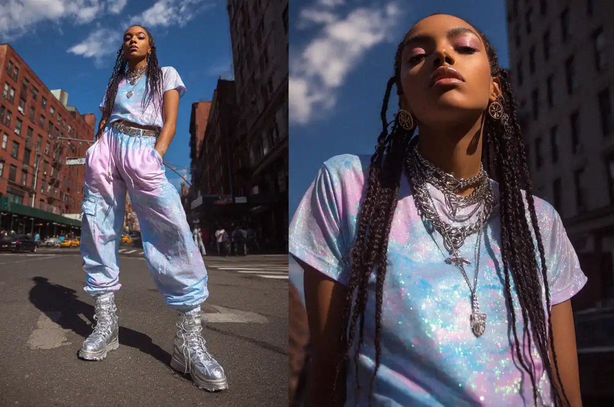 Woman wearing a pastel tie-dye matching set with holographic finish and silver platform boots, striking a confident pose in the city—classic Y2K style with futuristic streetwear energy.