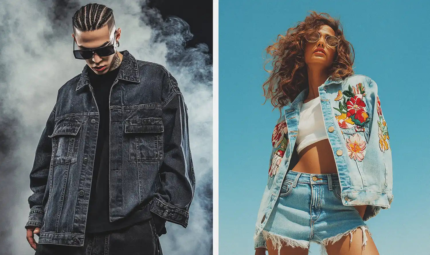 a man and a woman in y2k denim