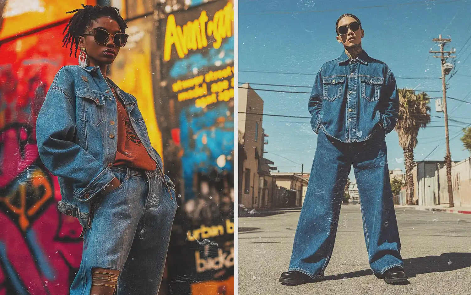 a black woman and a man in denim outfit