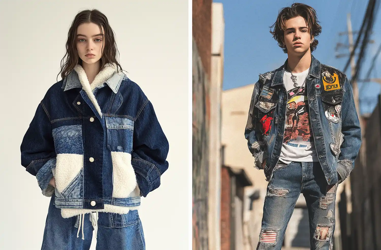 2 young people in y2k denim fashion