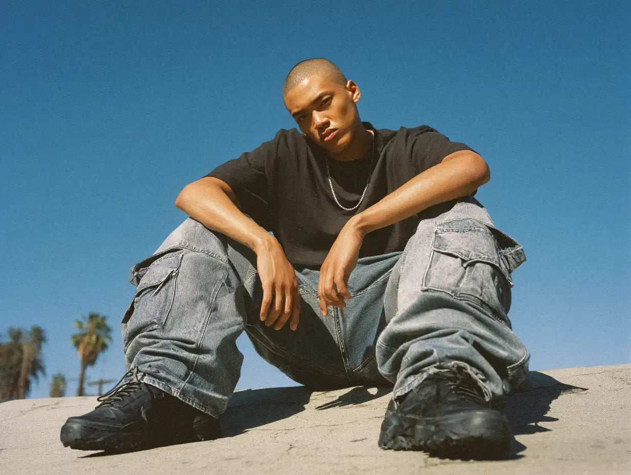 man with a buzz cut and y2k cargo pants