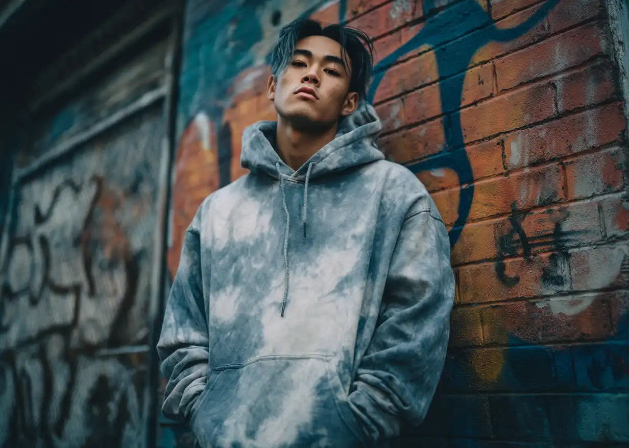 man in acid washed hoodie