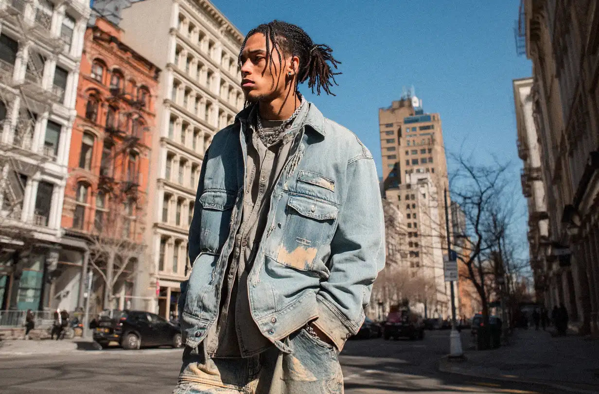 man wearing denim jacket in y2k style