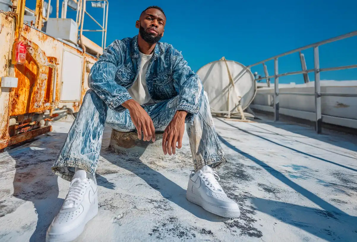 black man in y2k denim outfit
