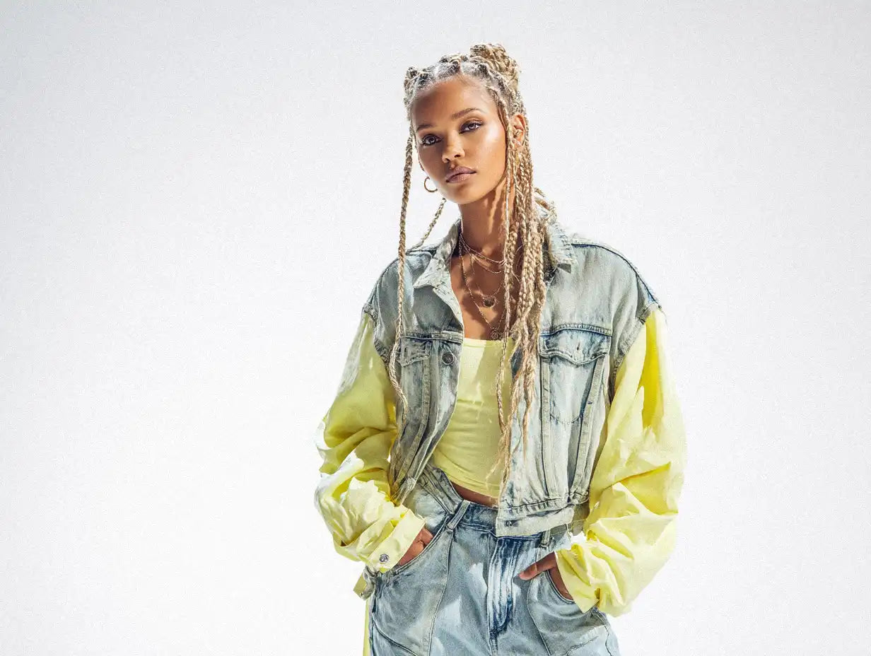 Woman with platinum braids in cropped acid-wash jacket and high-waist jeans, channeling pastel Y2K fashion vibes.