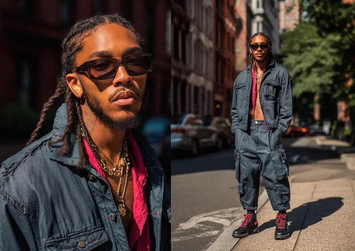 Split view of street-style model in dark denim cargo suit with hot-pink shirt pop, capturing urban Y2K style.