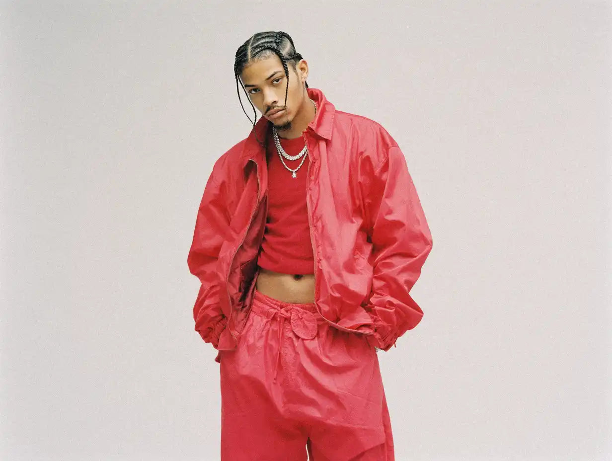 Man in a head-to-toe red nylon set with cropped tee, serving bold monochrome Y2K fashion.