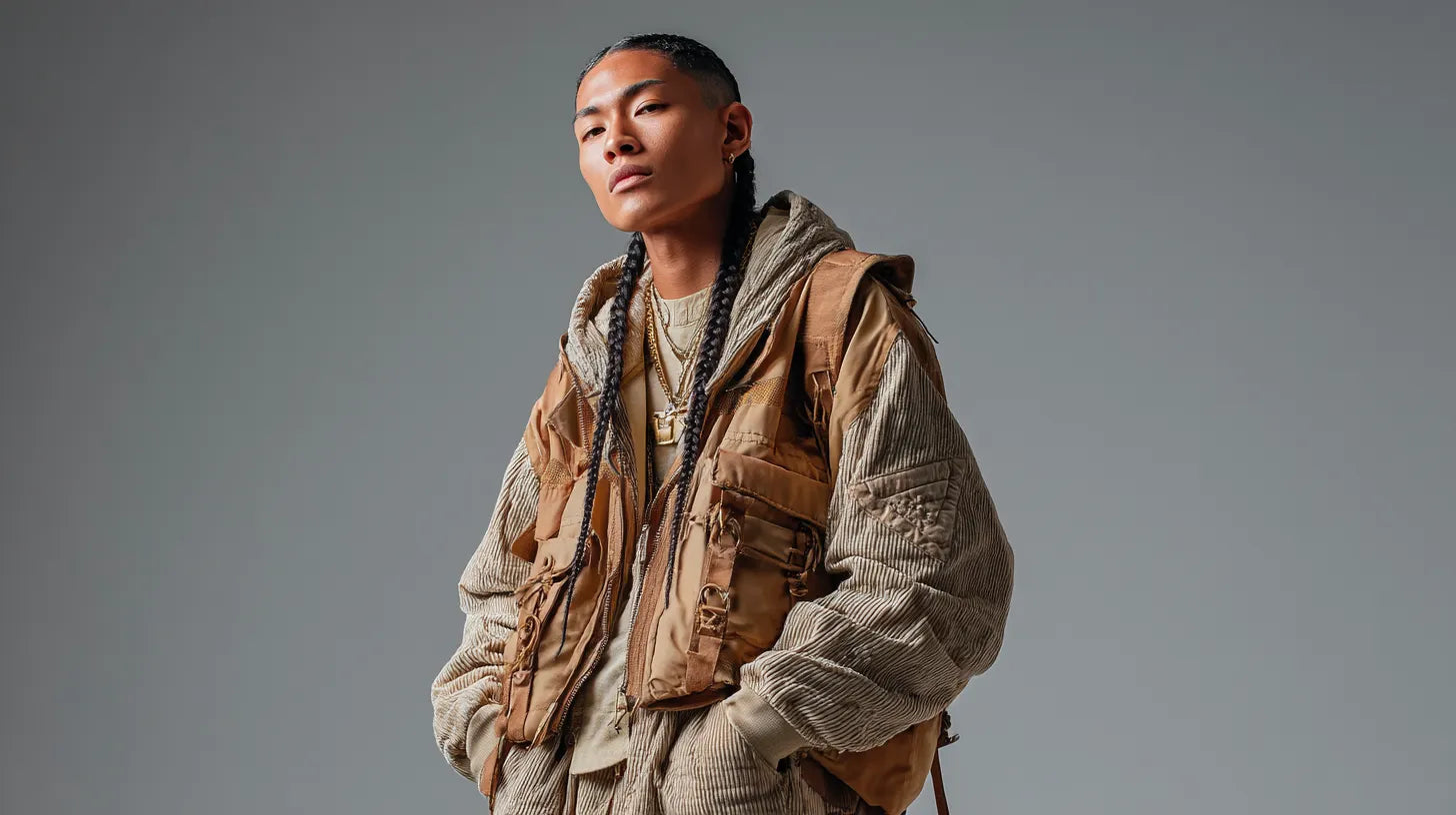 Man in layered corduroy set and tactical vest, representing utilitarian Y2K fashion aesthetic.