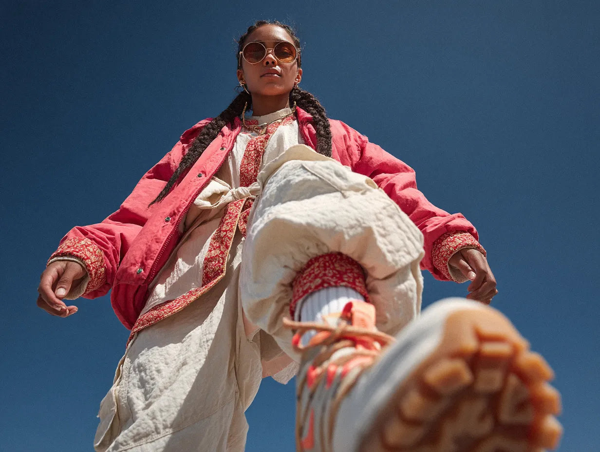 Low-angle view of woman in coral jacket and oversized cream pants with braids, reflecting adventurous Y2K style.