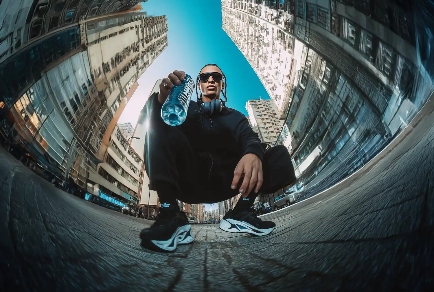 Fisheye shot of man in black tracksuit and chunky runners holding water bottle, capturing tech-inspired Y2K fashion energy.