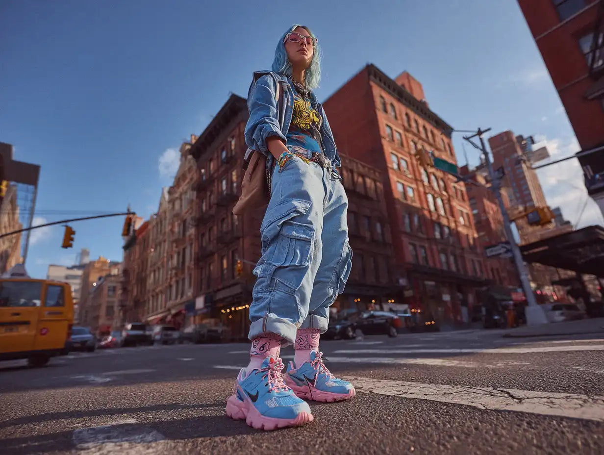 Low-angle view of woman in coral jacket and oversized cream pants with braids, reflecting adventurous Y2K style.