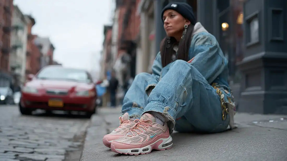 Woman in distressed baggy denim and pastel sneakers sitting curbside, capturing laid-back Y2K fashion vibe.