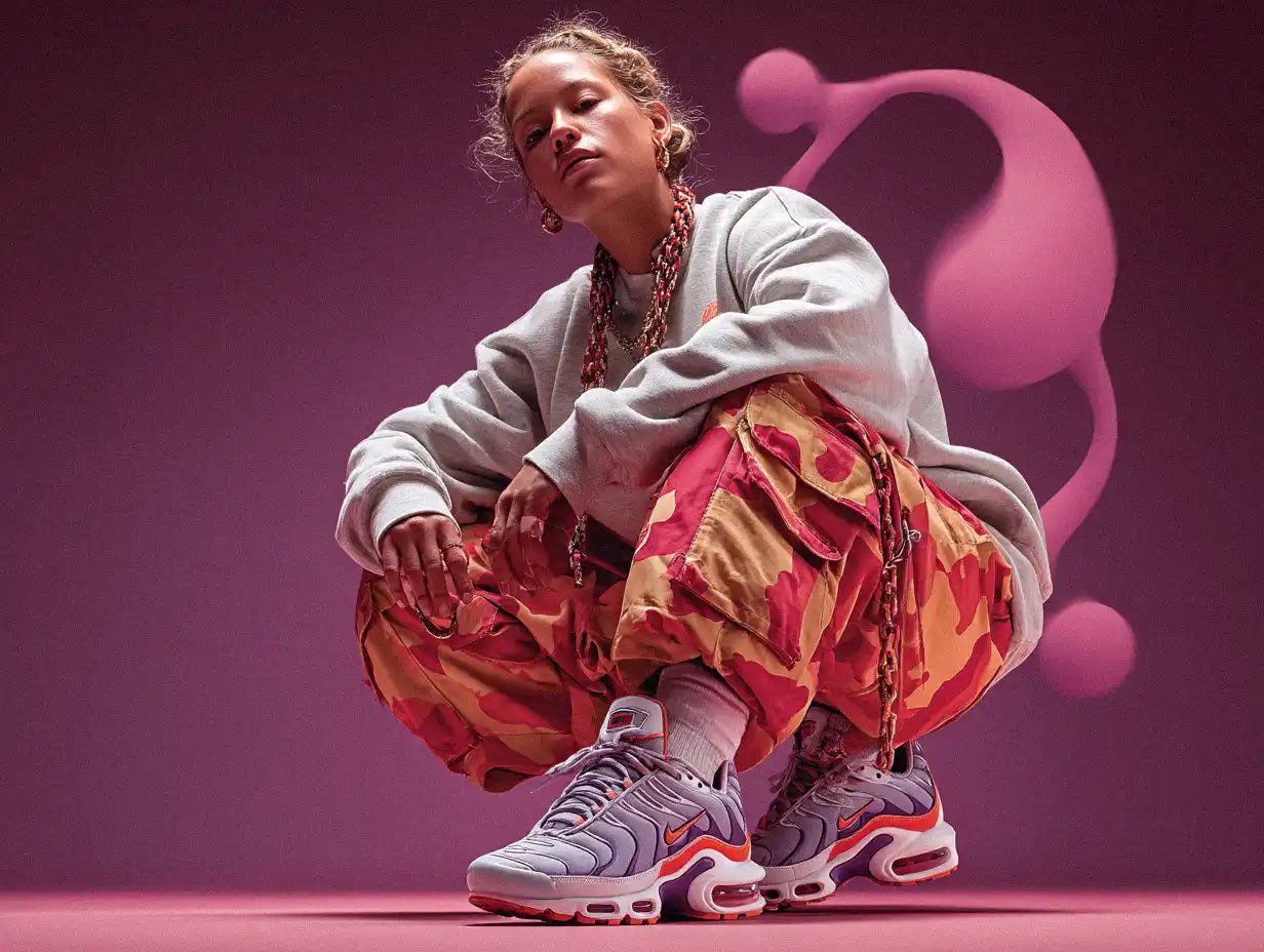Woman squatting in pink-orange camo cargos and violet sneakers, embodying bold Y2K style on a neon set.